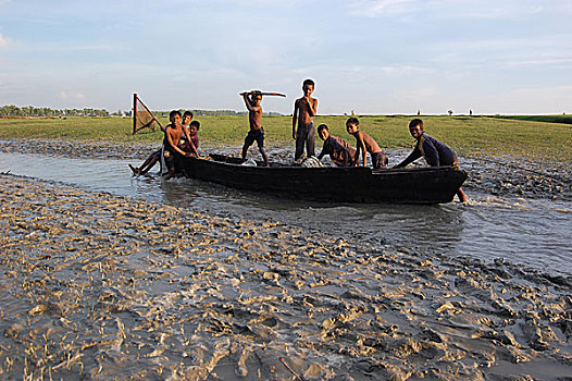 儿童,玩,船,沿岸地区,孟加拉,二月,2007年