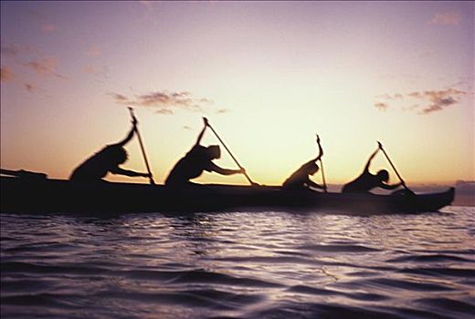 夏威夷,莫洛凯岛,瓦胡岛,独木舟,比赛,剪影,日落