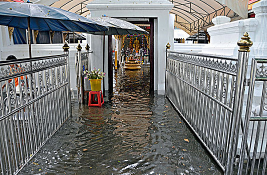洪水,入口,寺院,重,雷暴,曼谷,泰国,亚洲