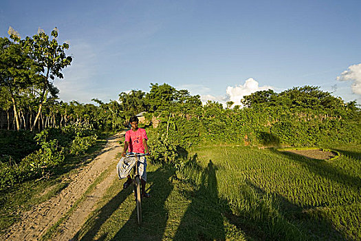 村民,自行车,泥,道路,乡村,孟加拉,六月,2007年
