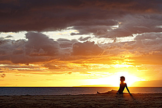 夏威夷,毛伊岛,麦肯那,人,海滩,享受,漂亮,日落,上方,海洋,海岸线,使用,只有