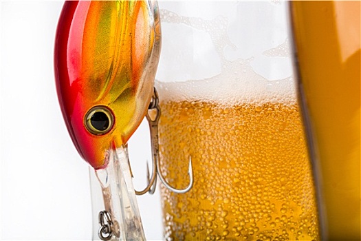 鱼饵,靠近,玻璃,啤酒