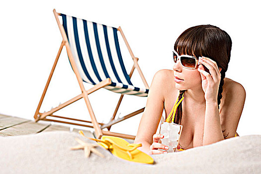 海滩,女人,比基尼,饮料,人字拖鞋,沙滩,折叠躺椅,背景