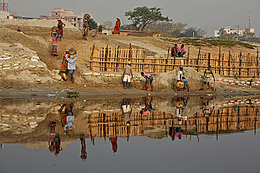 沙子,劳工,堤岸,河,近郊,达卡,孟加拉,二月,2007年