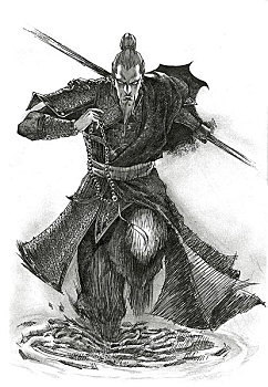 黑白插画,武士,正面奔跑,刀