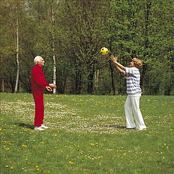 退休老人,公园,老人,投掷,球,运动,男人,女人