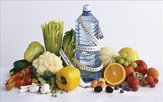 蔬菜,水果,水,带子,测量,象征,节食