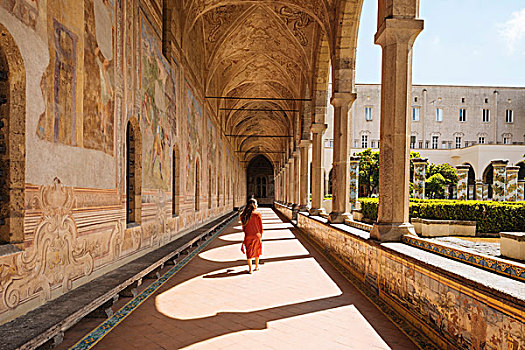 女人,走廊,寺院,坎帕尼亚区,意大利