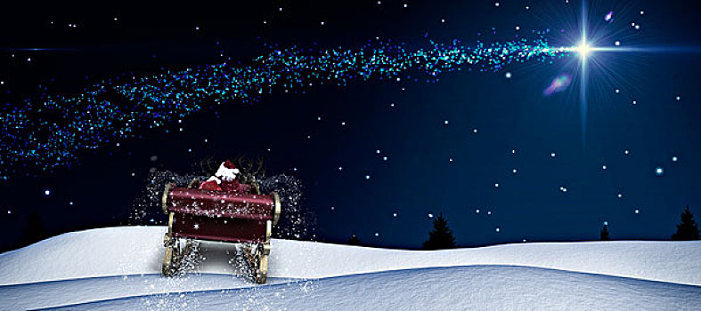 合成效果,图像,圣诞老人,飞,雪撬,流星,上方,树林,夜晚
