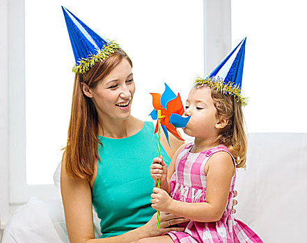 家庭,孩子,庆贺,高兴,人,概念,母女,蓝色,帽子,纸风车