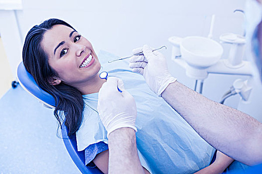 牙医,检查,微笑,女病人,牙科诊所