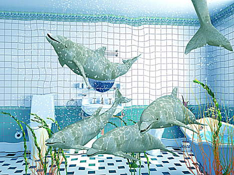 海豚,浴室,室内