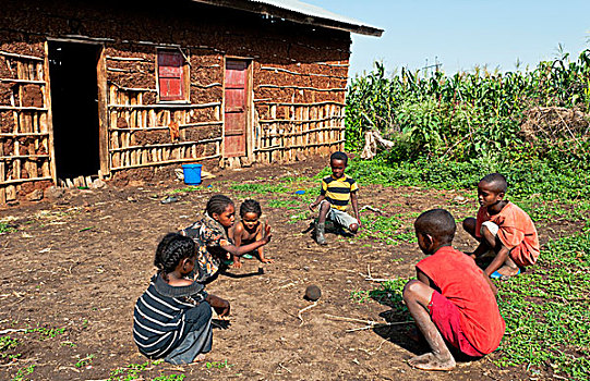 埃塞俄比亚,部落,家,孩子,玩,游戏,正面,穷,农舍