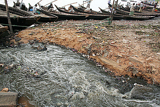船夫,等待,堤岸,河,垃圾,排水,可溶性,姿势,严肃,威胁,水,生态系统,达卡,孟加拉,五月,2007年