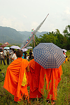 节日,发射,僧侣,衣服,橙色,长袍,省,老挝,东南亚,亚洲