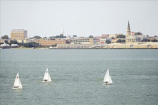 帆船,河,建筑,背景,查尔斯顿,港口,南卡罗来纳,美国