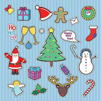 新年快乐,圣诞快乐,抠像,纸,圣诞树,雪人,礼物,圣诞老人,鹿,糖果,棍,对话气泡框,天使,卡通,风格,矢量