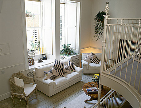 俯视,传统,白色,起居室,露台,涂绘,地板,沙发,凸窗,高顶