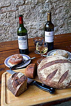 葡萄酒,面包,展示,法国,农场,桌子,靠近,西南部