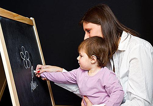 母亲,小,女儿,文字,黑板