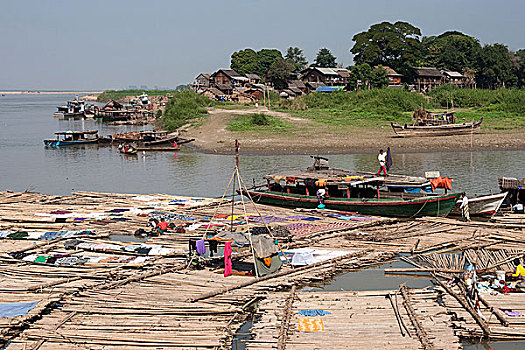 生活,河,竹子,筏子,排列,伊洛瓦底江,曼德勒,分开,缅甸,亚洲