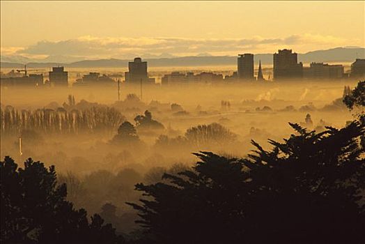 冬天,烟雾,俯视,城市,层次,污染,风景,树,港口,山,南岛,新西兰