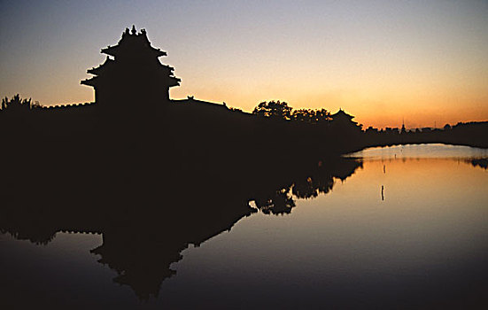 中国,北京,故宫,护城河,日落