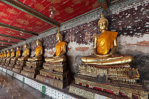 墙壁,排,金色,佛像,冥想,姿势,装饰,基座,寺院,皇家,庙宇,曼谷,泰国,亚洲