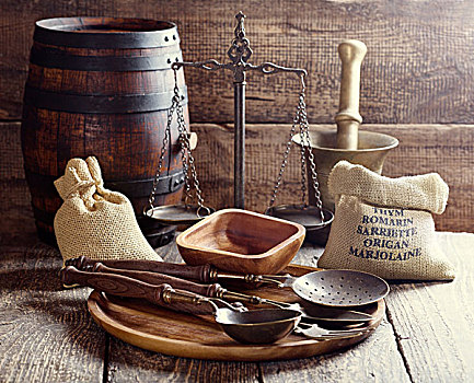 厨具,乡村,木质背景