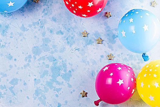 鲜明,彩色,节庆,聚会,场景,气球,蓝色背景,桌子,风格,生日,贺卡,留白