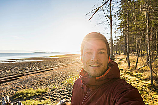 日光,男人,头像,海滩,省立公园,温哥华岛,不列颠哥伦比亚省,加拿大