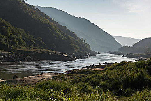 风景,河,流动,山,湄公河,省,老挝
