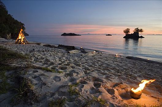 火,海滩,黄昏,四王群岛,西巴布亚,印度尼西亚