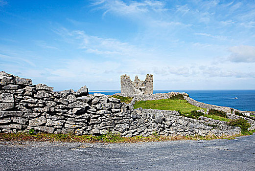 城堡,阿伦群岛,岛屿,站立,围绕,干燥,石墙,远眺,大西洋,海洋,爱尔兰