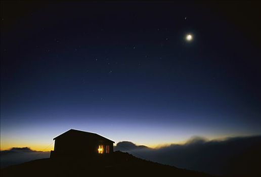 月亮,星,上方,小屋,艾格蒙特国家公园,新西兰