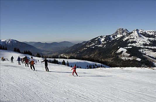 滑雪者,滑雪胜地,山丘,背景,巴伐利亚阿尔卑斯山,巴伐利亚,德国,欧洲