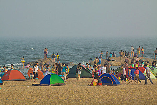 北戴河,浴场,雾,游客,拥挤,帐篷,沙滩,海滩