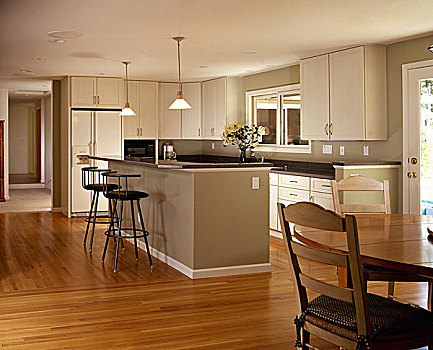 现代,厨房,白色,黑色,花冈岩,操作台,百叶窗,室内,小,留白,单色调