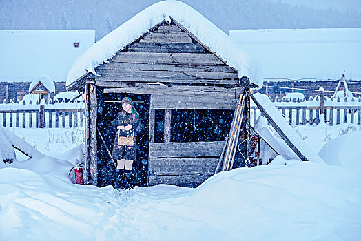 冬日,木屋,雪地,女人