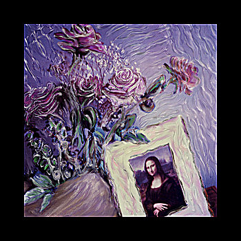 艺术感,蒙娜丽莎,画框,花瓶,粉色,玫瑰