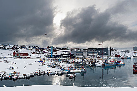 俯视图,乌云,上方,港口,伊路利萨特,格陵兰