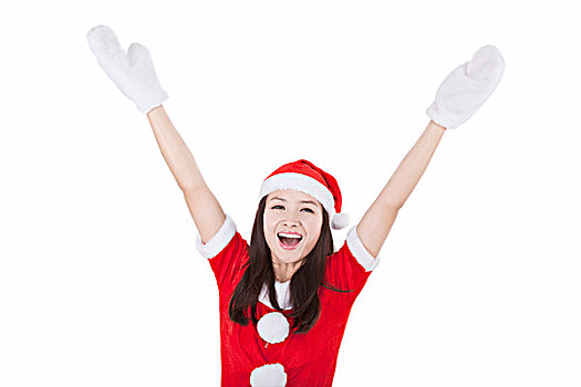戴着圣诞帽的青年女子高举双臂