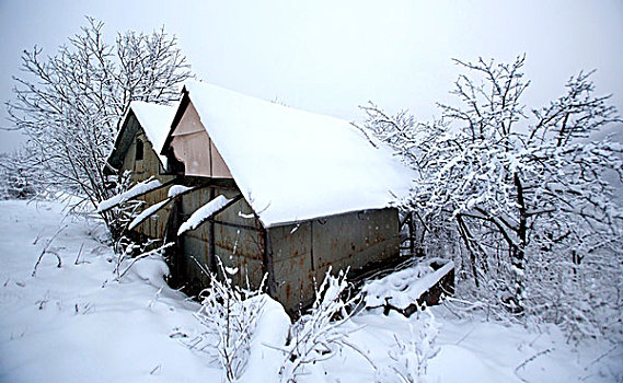 两个,小屋,木头,积雪