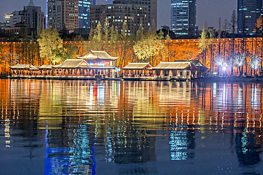 城市,夜景,湖泊,倒影