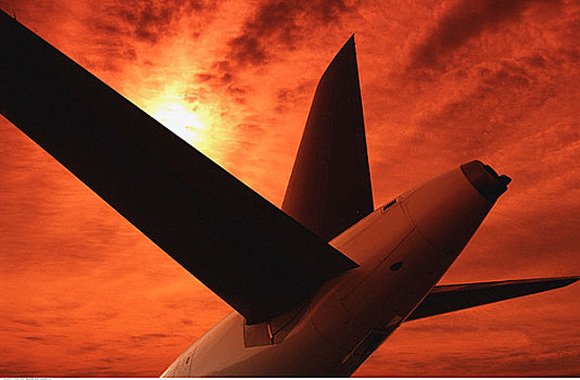 喷气式飞机,尾部,翼,日落,卡尔加里,艾伯塔省,加拿大