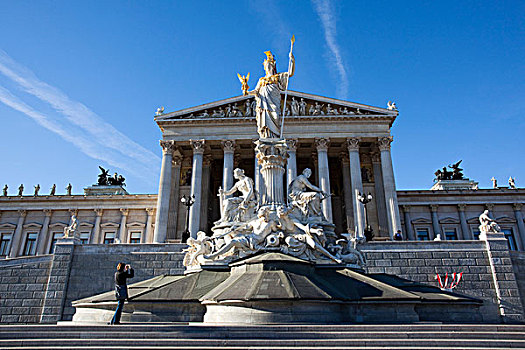 雕塑,智神星,雅典娜,正面,议会,华美,建筑,环城大道,城市,维也纳,奥地利,欧洲