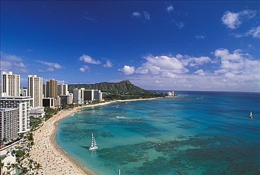 夏威夷,瓦胡岛,怀基基海滩,钻石海岬,酒店,帆船,海滩
