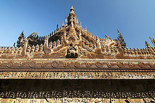 雕刻,上面,金色宫殿柚木寺,庙宇,曼德勒,缅甸