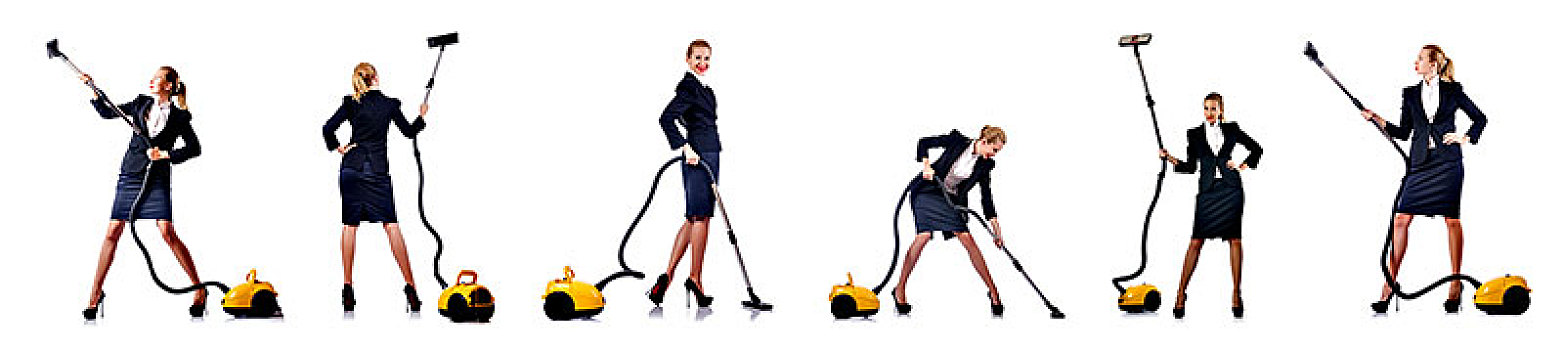 职业女性,清洁,真空吸尘器,白色背景