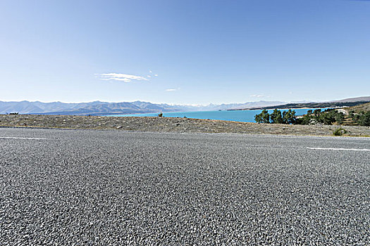 沥青,道路,靠近,湖,夏天,新西兰
